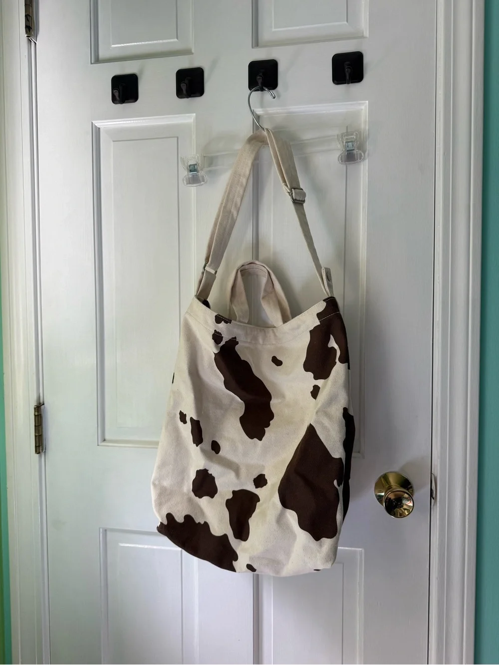 BAGGU Cow Print Canvas Tote in Cream and Brown